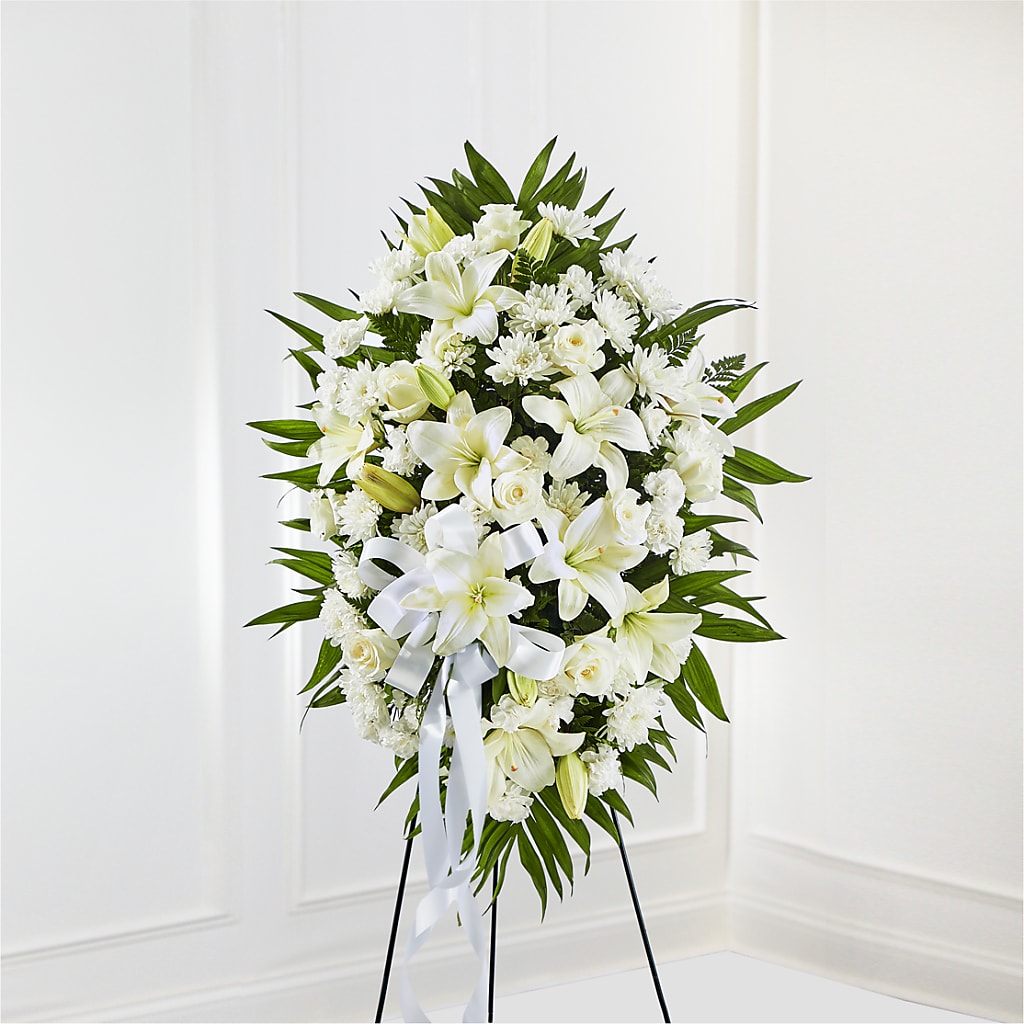 Exquisite Tribute Standing Spray-White Ribbon – JANIE'S COUNTRY GALLERY FLORIST, Bristol VA